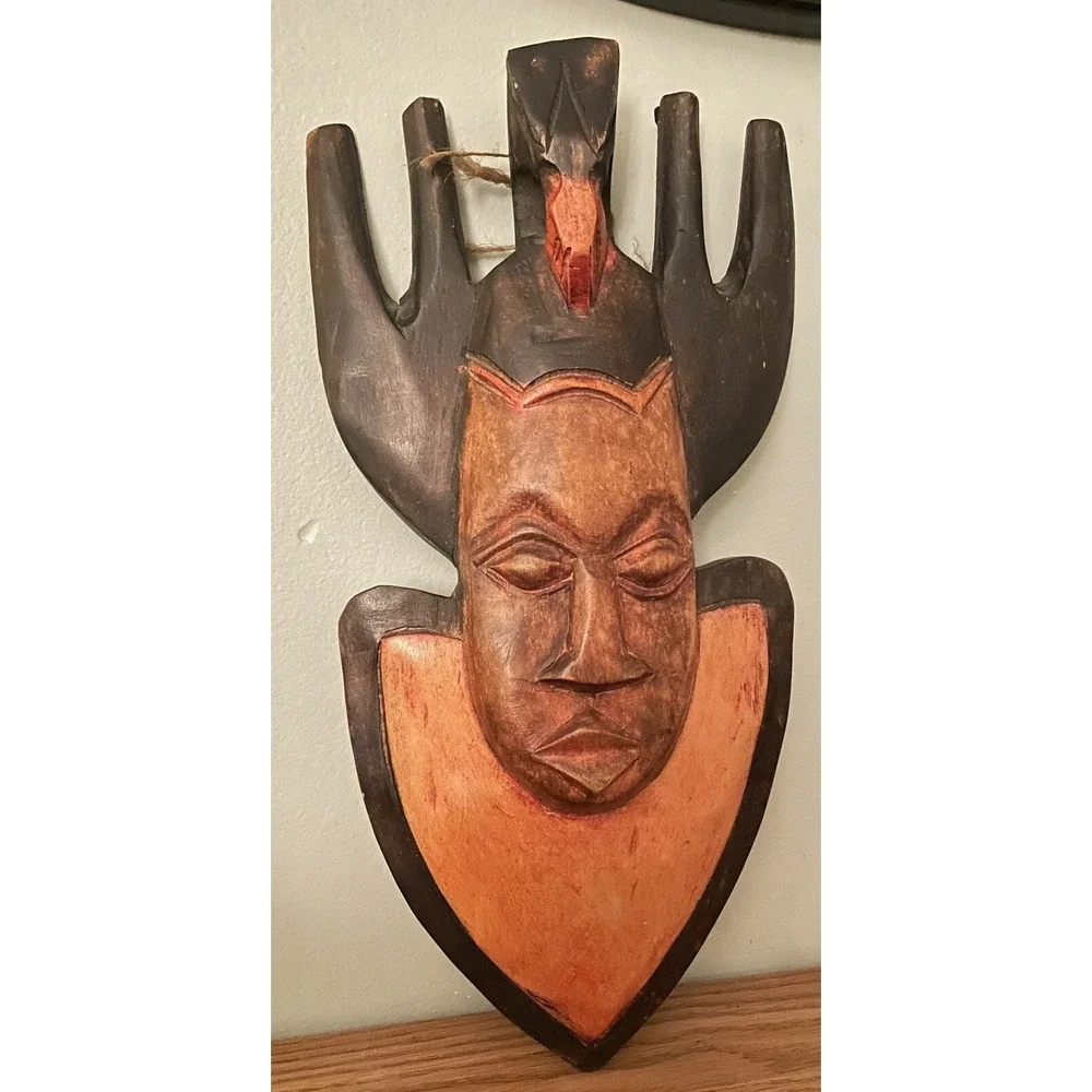 Vintage African Tribal Art Hand Carved Wood Face Mask Wall Decor